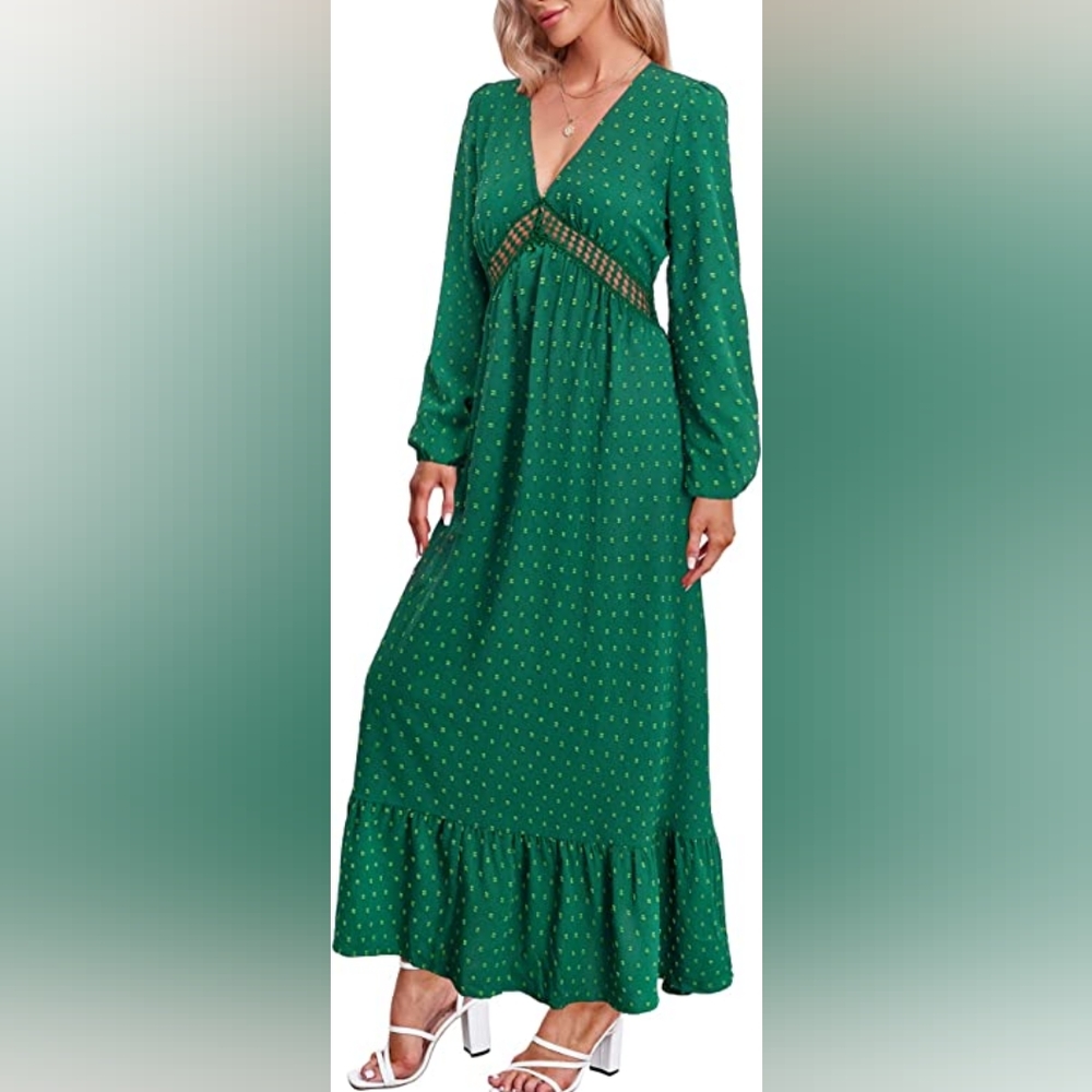 Maxi Dress With Peak-a-boo Women's Long-sleeved Formal Dress Color Green - Picture 2 of 5